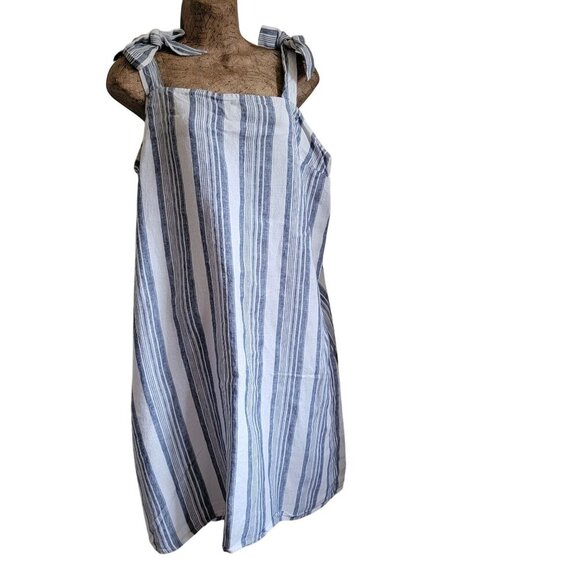 Striped Blue & White Linen Sleeveless Dress with  Straps - Picture 3 of 9